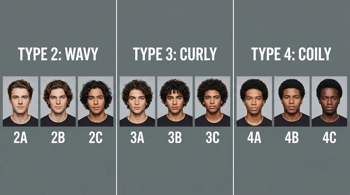 Educational hair curl type chart showing Type 2 (wavy), Type 3 (curly), and Type 4 (coily) hair