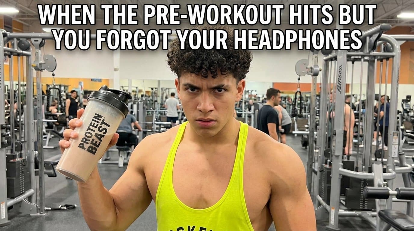 Humorous meme-style image: muscular young Latino man with broccoli haircut in gym, wearing string