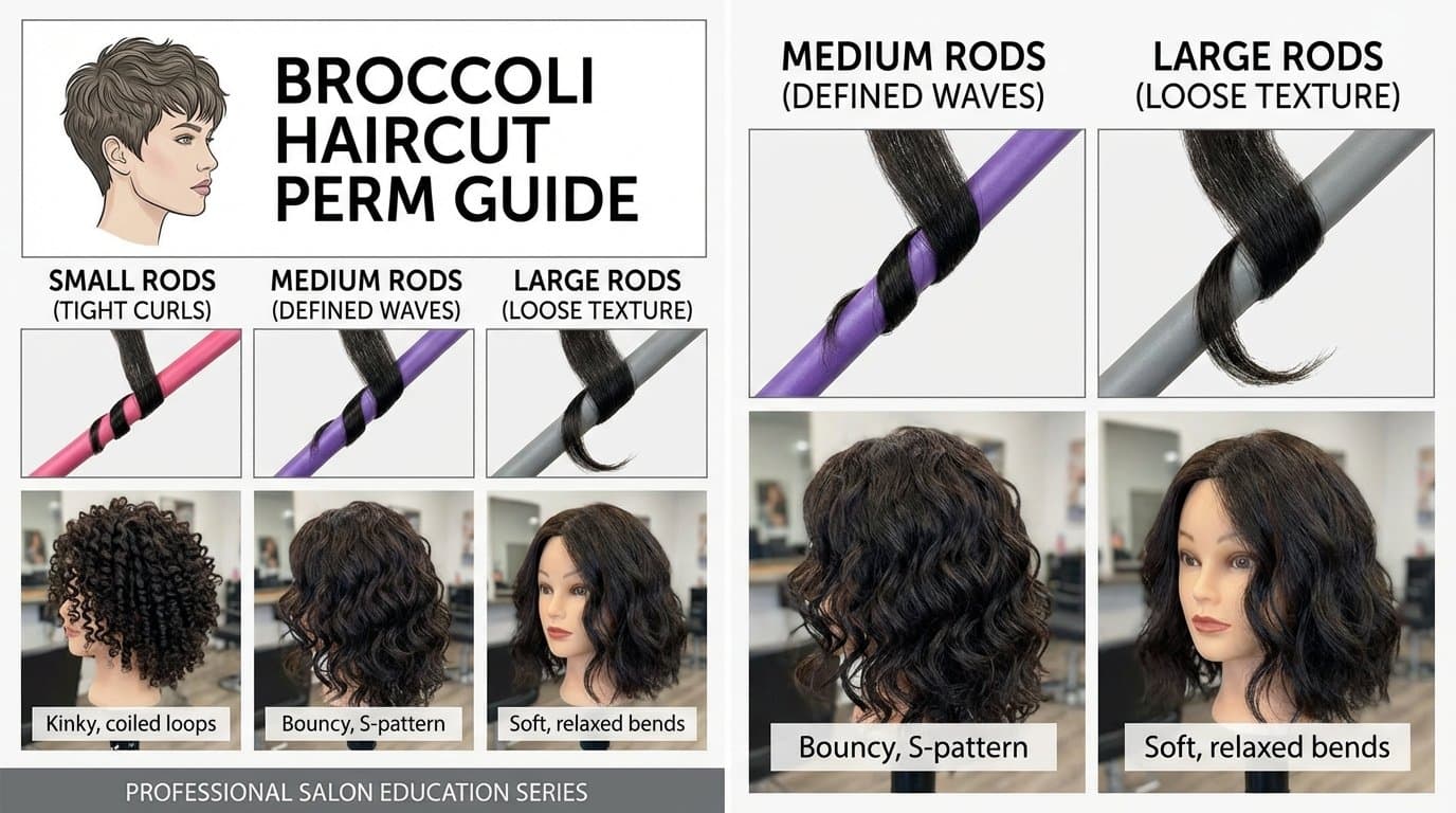Educational split image showing perm rod sizes and resulting curl tightness for broccoli haircut,