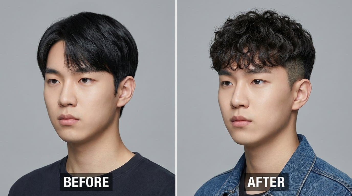 Before and after transformation of young East Asian man in his early 20s, left side shows him with