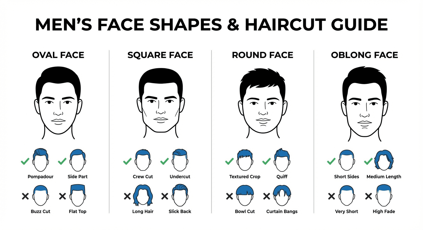 Men's face shapes and haircut guide showing recommendations for oval, square, round, and oblong faces