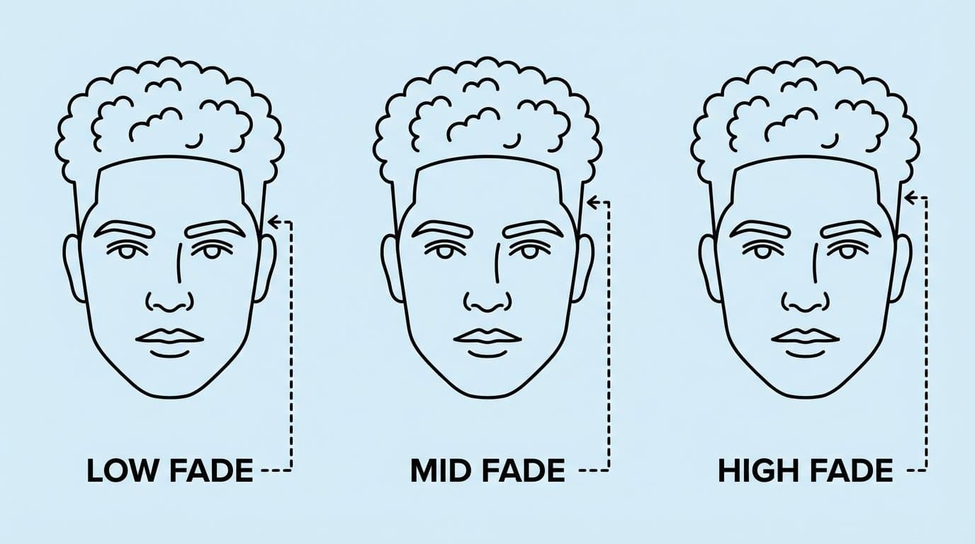 Educational diagram showing three fade types for broccoli haircut: low fade, mid fade, and high