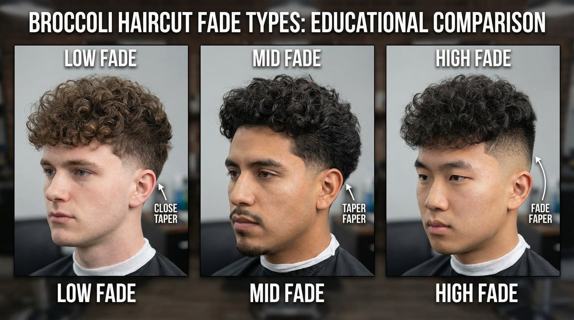 Educational side-by-side comparison showing three variations of broccoli haircut fade types: low